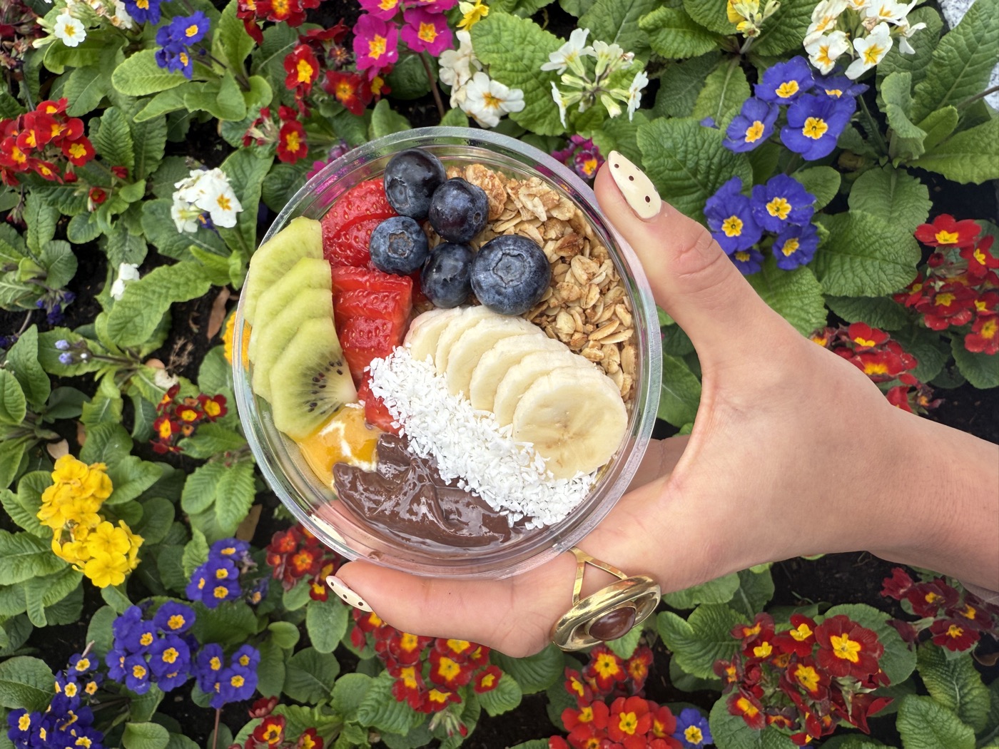 An açaí bowl held over a bed of flowers