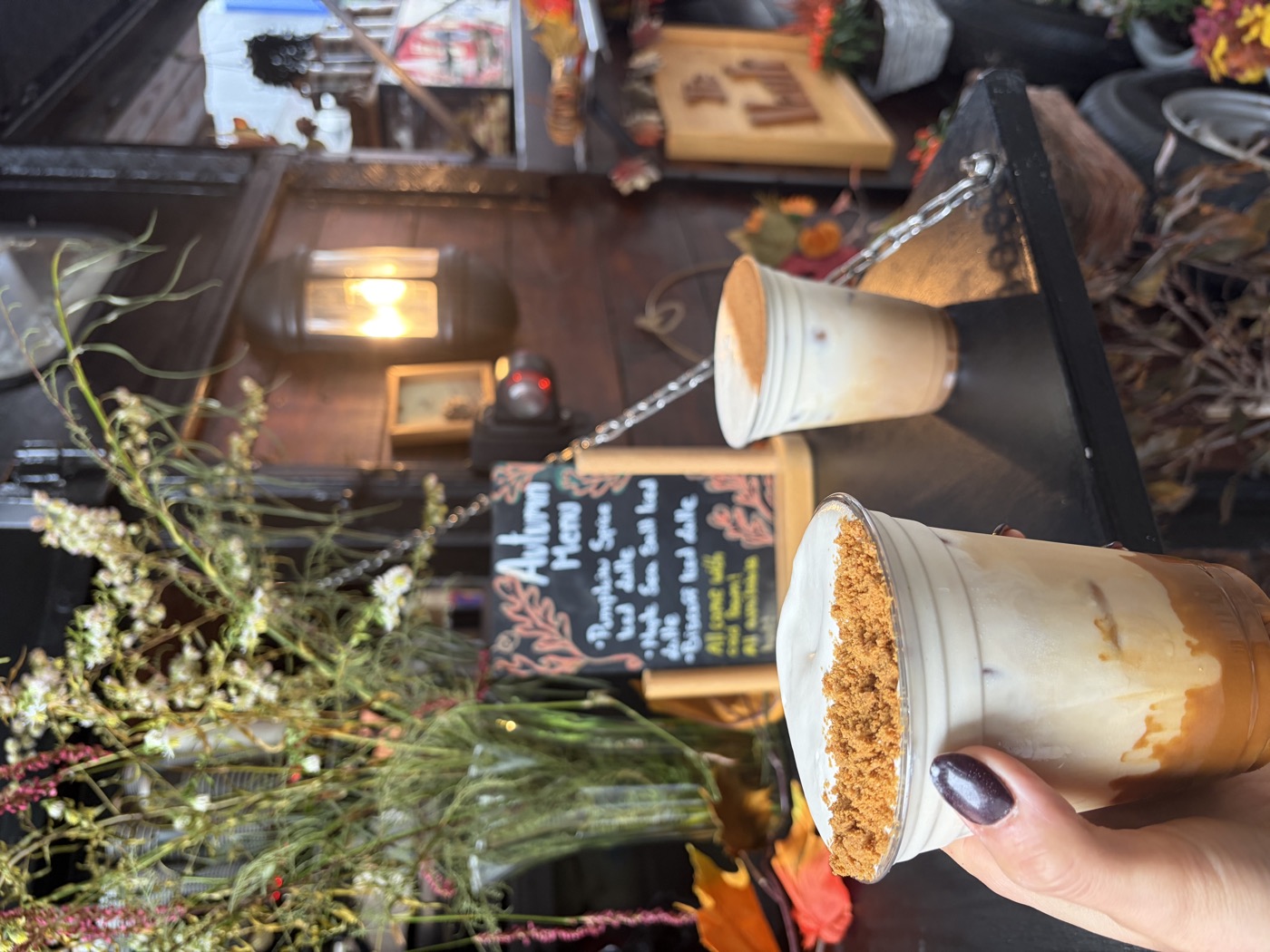 Iced autumn lattes with cold foam and Biscoff crumb
